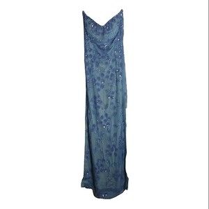 Vintage CACHE Aqua Beaded Sequin Strapless Maxi Gown Silk/Satin L